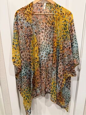 Sheer Leopard-Print Open Front Tunic in Yellow, Pink & Aqua